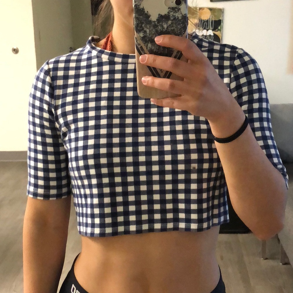 blue and white checked crop top